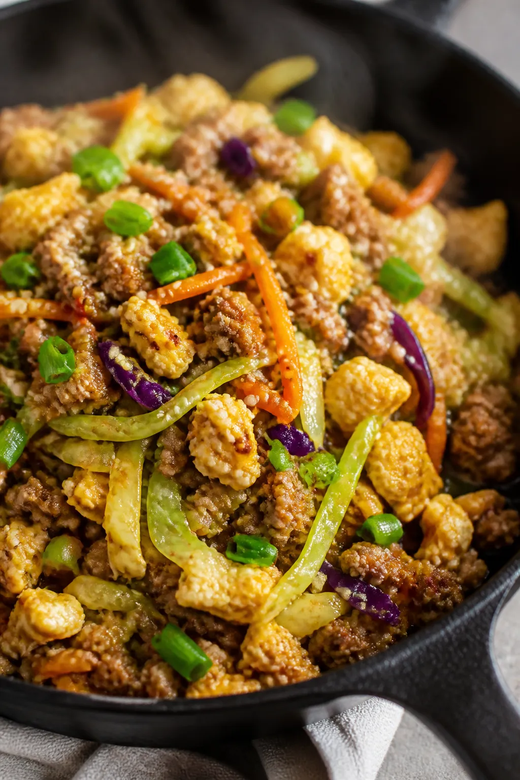 Close-up detail: Juicy browned ground turkey and scrambled egg ribbons tossed with sautéed coleslaw