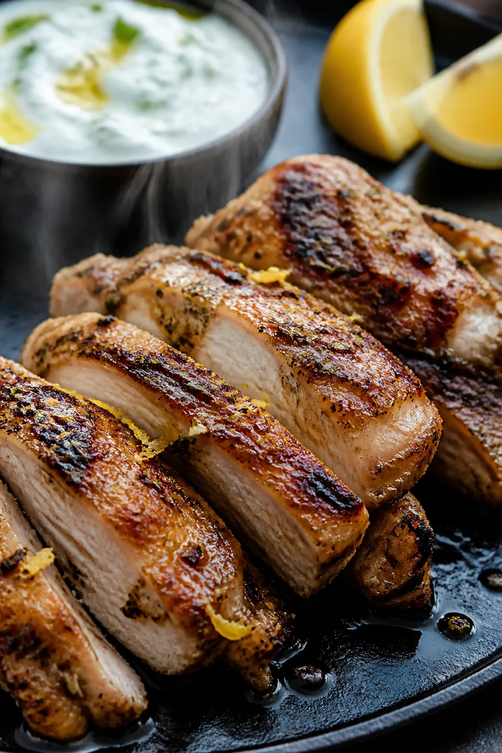 Close-up detail: Juicy, freshly sliced Greek-marinated chicken thighs just off the grill pan, showin