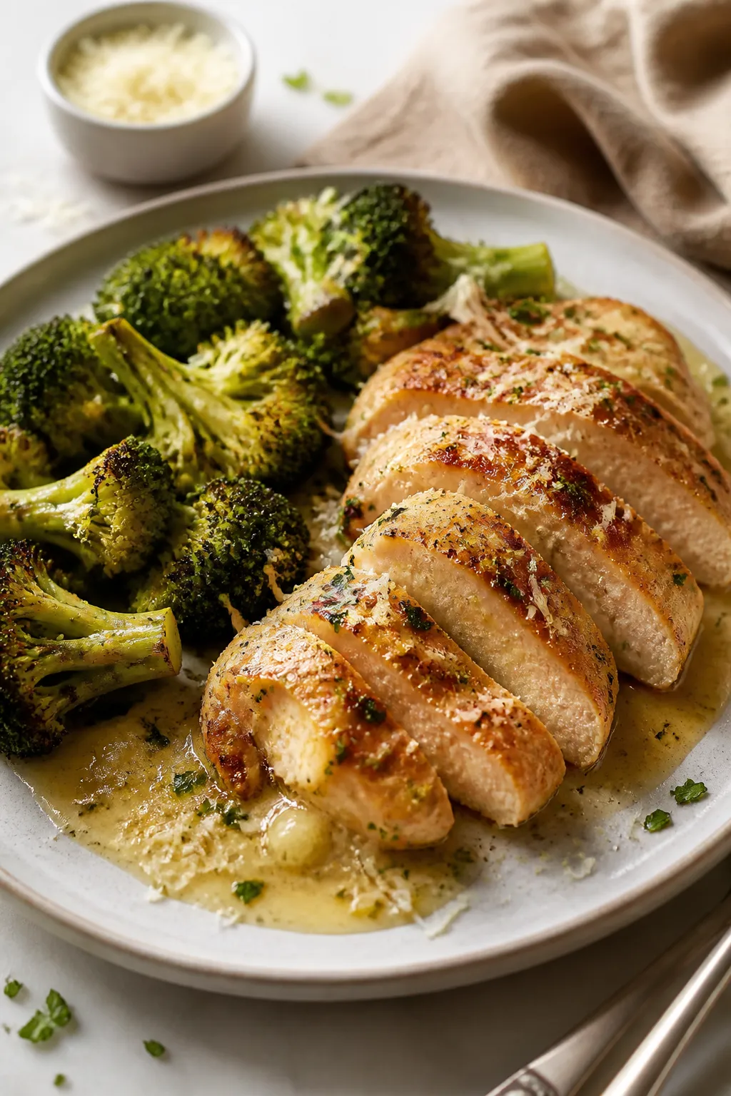 Close-up detail: Juicy garlic-Parmesan chicken slices glistening with buttery sauce, nestled beside