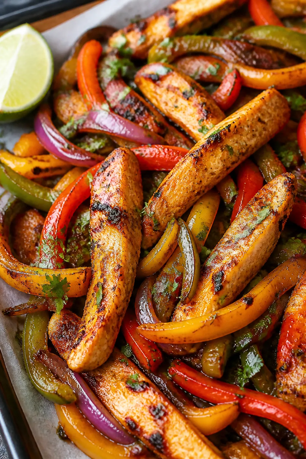 Close-up detail: Juicy roasted chicken fajita strips with light charred edges nestled among tender,