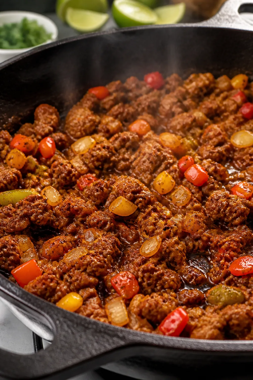 Close-up detail: Juicy taco-seasoned ground beef simmering in a skillet with softened diced onions a
