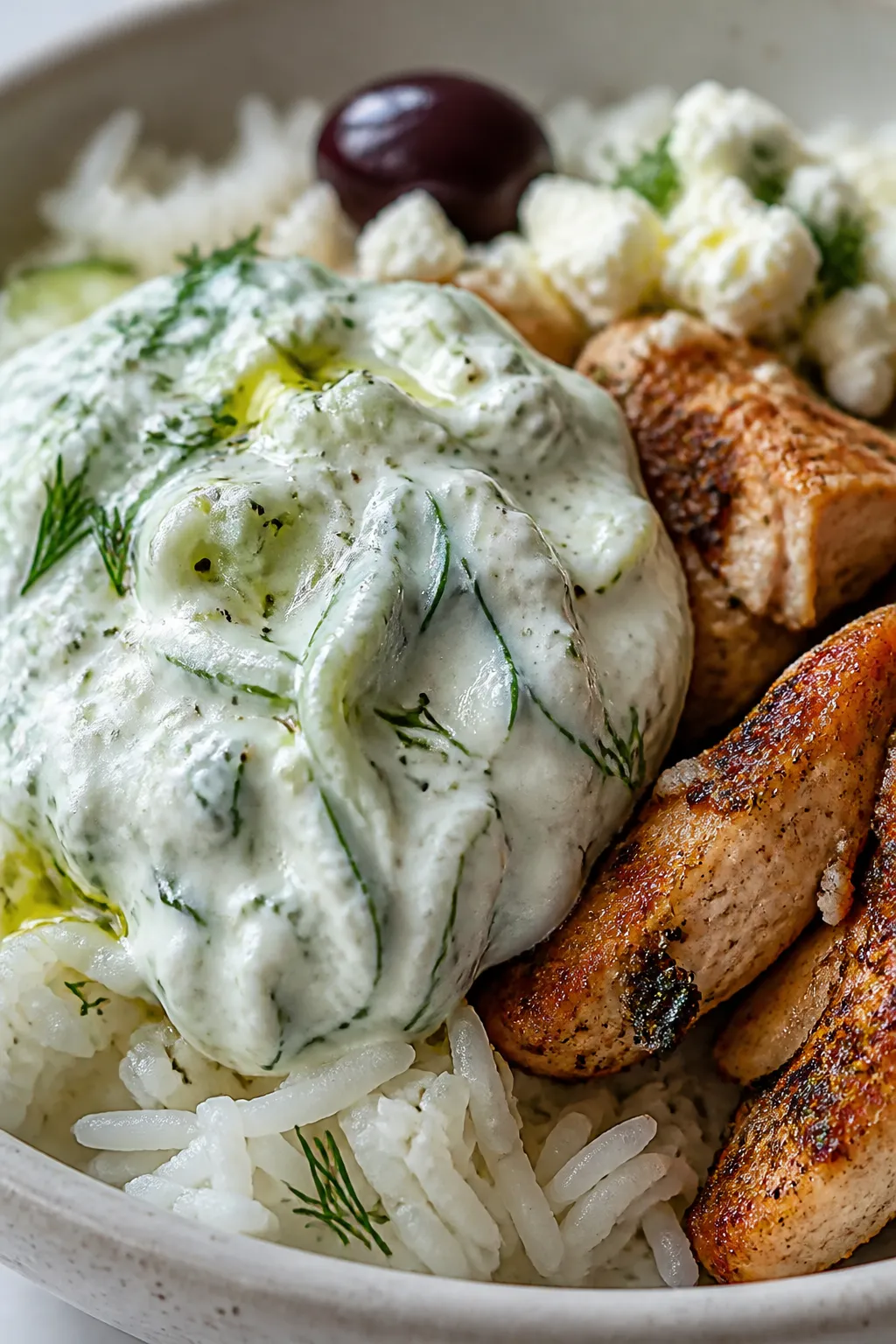 Close-up detail: Luxuriously creamy tzatziki dolloped onto warm fluffy jasmine rice beside juicy bro