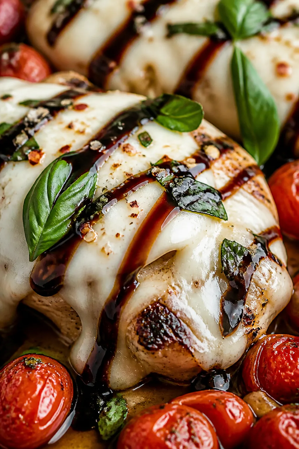 Close-up detail, melt and drizzle: Extreme close-up of Caprese chicken just after covering, mozzarel