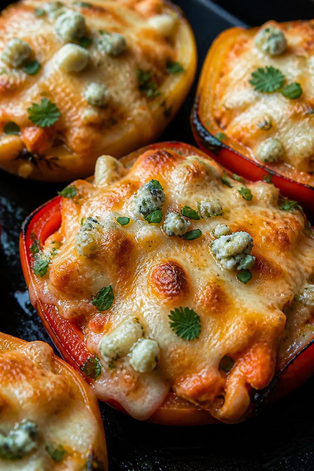 Close-up detail: Melted-cheese crust on Buffalo chicken stuffed peppers just out of the oven—golde