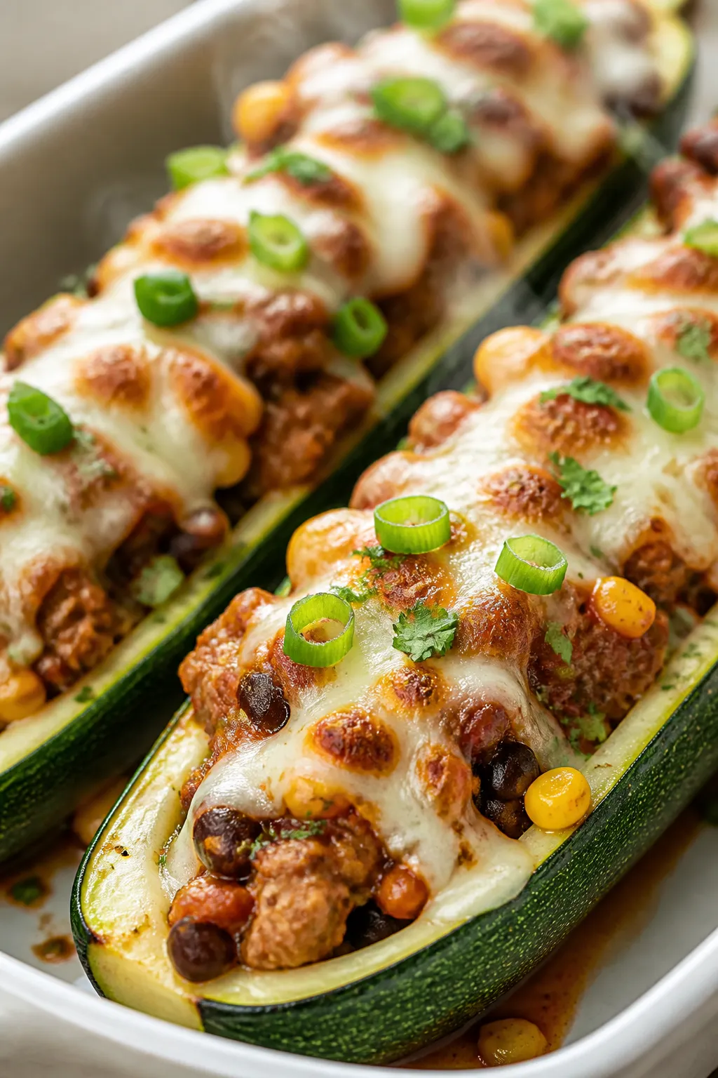 Close-up detail: Melted Monterey Jack bubbling over seasoned ground turkey, black beans, and corn in
