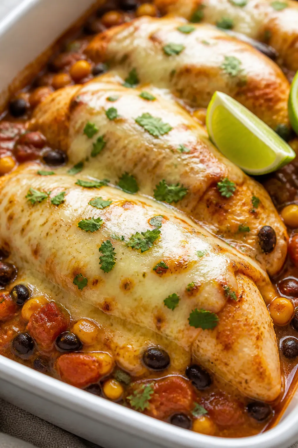 Close-up detail: Melted Monterey Jack cascading over golden, oven-baked chicken breasts nestled in a