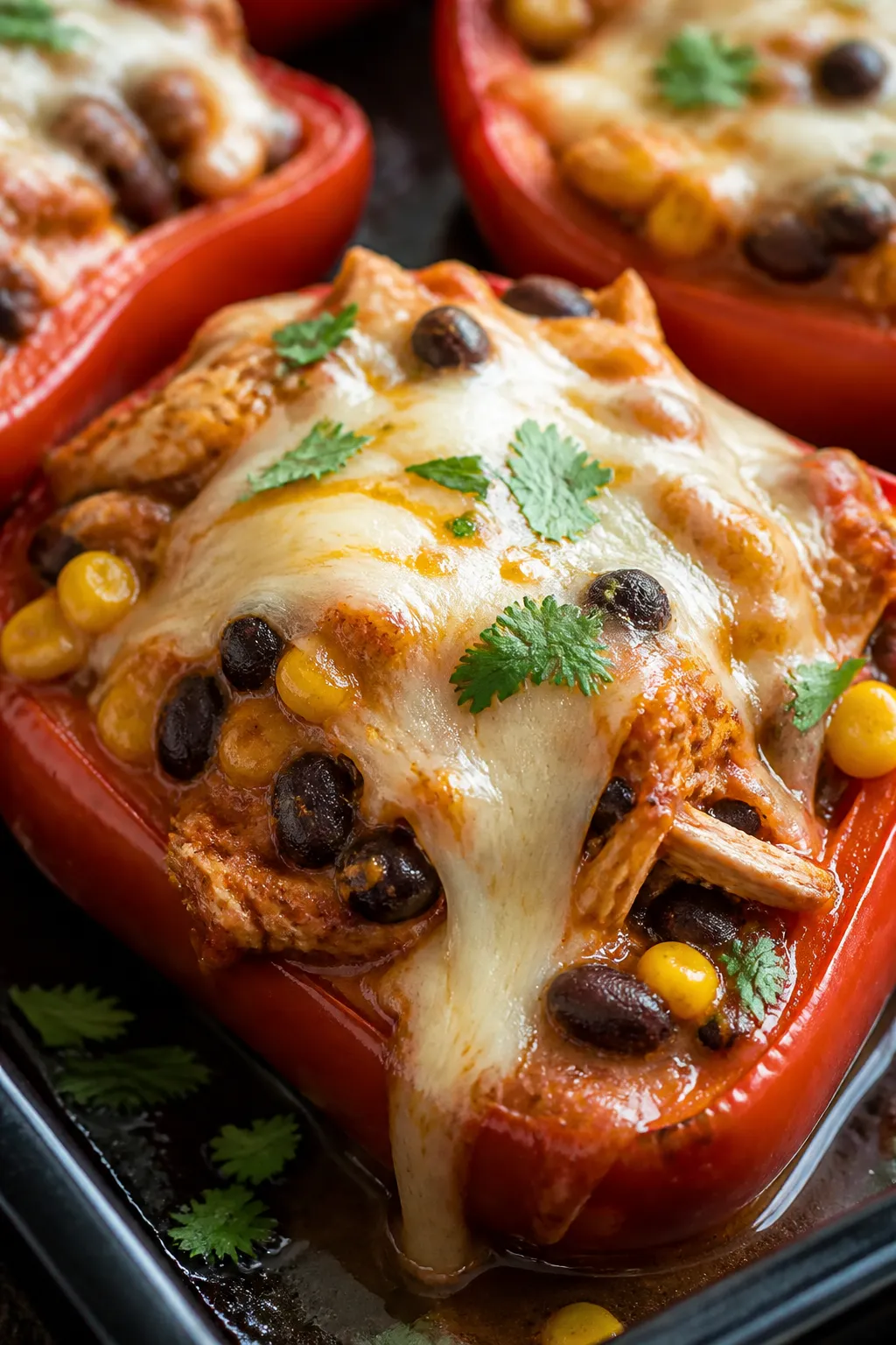 Close-up detail: Melted Monterey Jack cheese bubbling over a mound of chicken enchilada filling insi