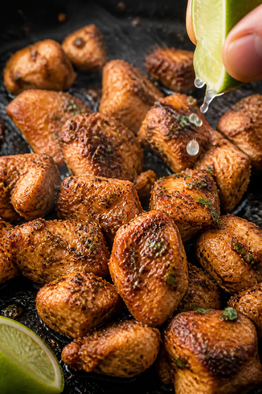 Close-up detail of sautéed seasoned chicken bites in a skillet, caramelized edges glistening with o