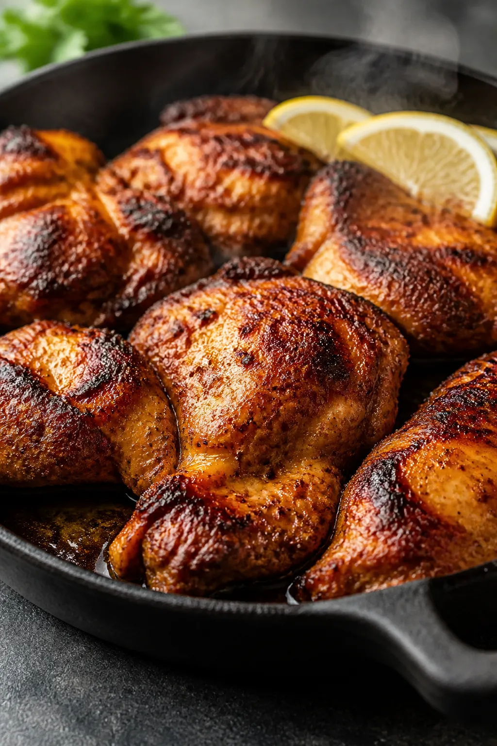 Close-up detail of sizzling chicken shawarma thighs in a cast-iron skillet, charred edges and carame