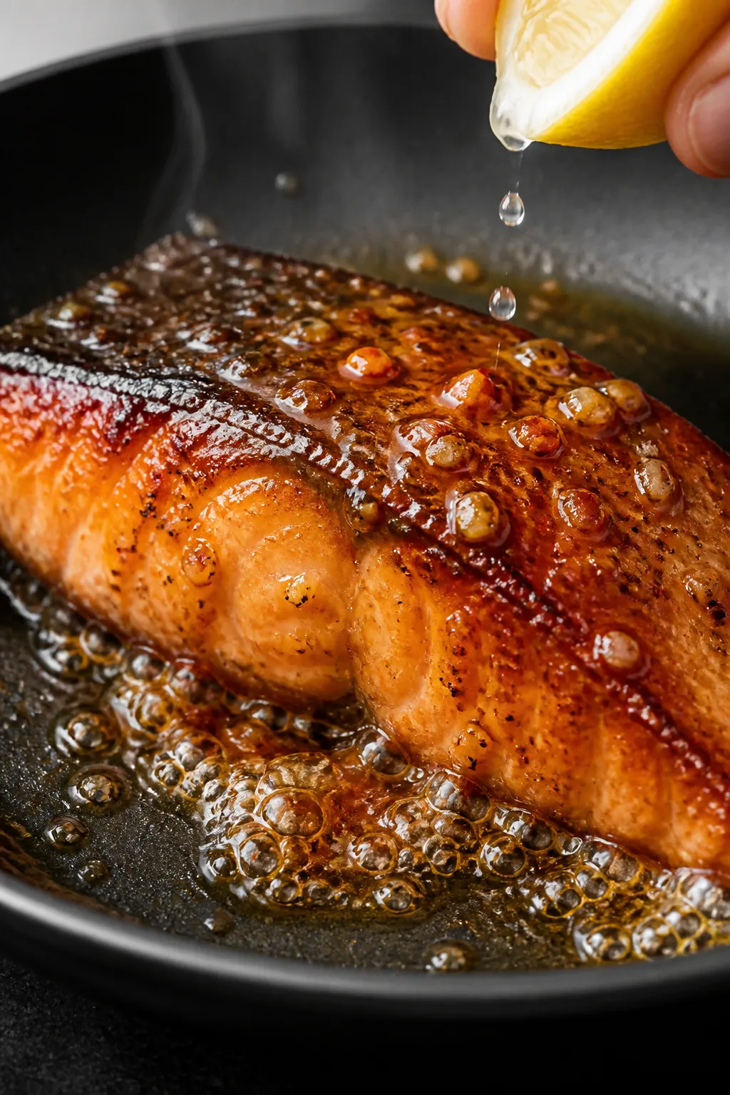 Close-up detail: Pan-seared honey garlic salmon fillet in a nonstick skillet just after glazing, ski