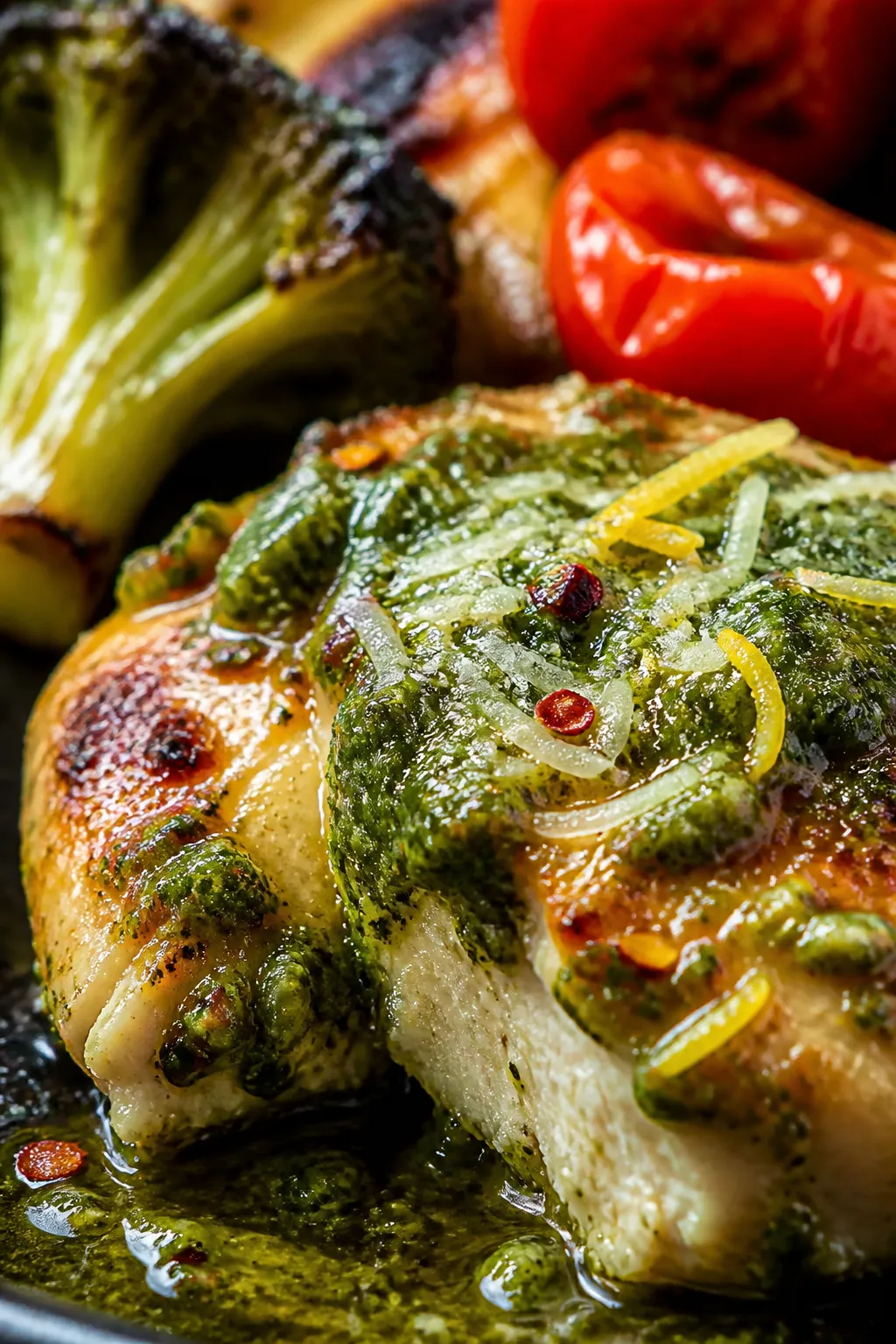 Close-up detail, pesto gloss and texture: Tight macro of a juicy chicken piece coated in silky basil