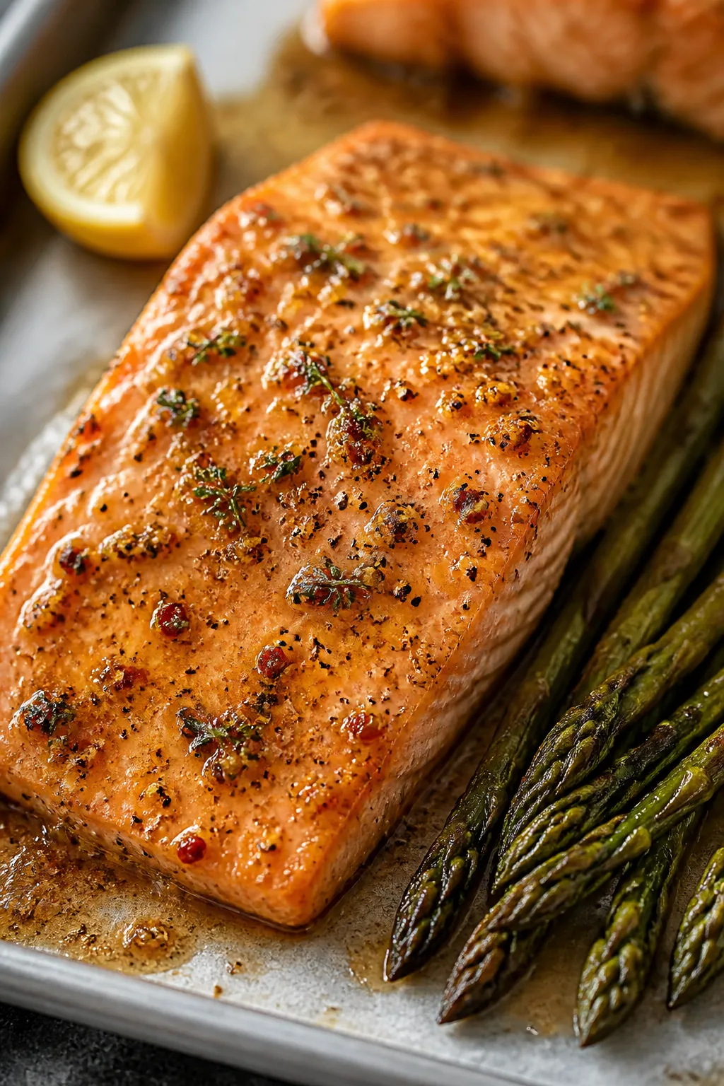 Close-up detail: Roasted salmon fillet just out of the oven with crisp, lightly browned asparagus ti
