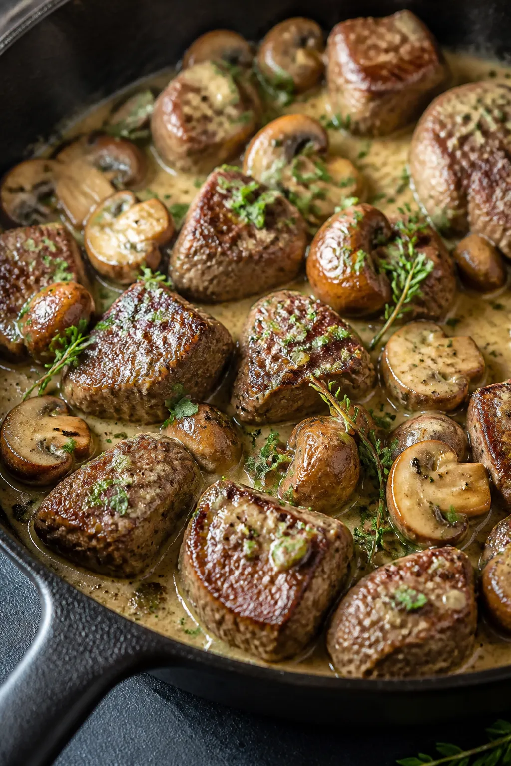 Close-up detail: Sear-kissed steak bites in a skillet with golden-browned cremini mushrooms, coated