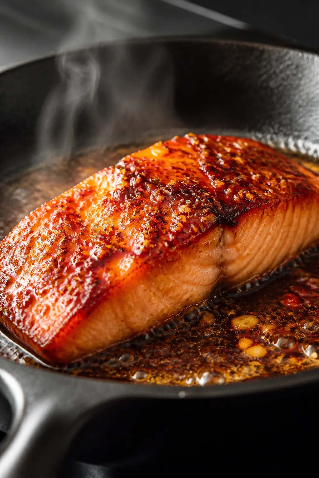 Close-up detail: Searing honey garlic salmon fillet in a skillet, caramelized edges and glossy, stic