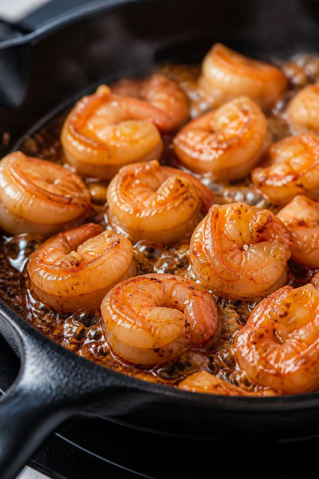 Close-up detail: Searing honey garlic shrimp in a skillet, shrimp just turned pink and glossy as the