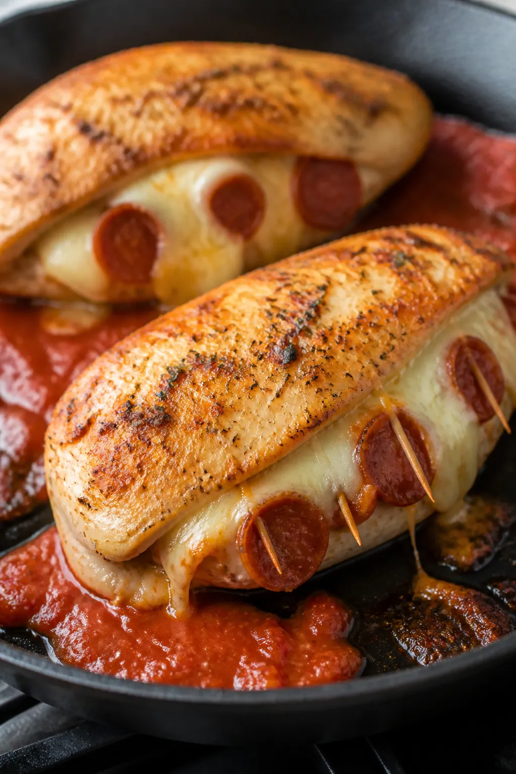 Close-up detail: Searing pizza-stuffed chicken breasts in a cast-iron skillet, golden-brown crust fo