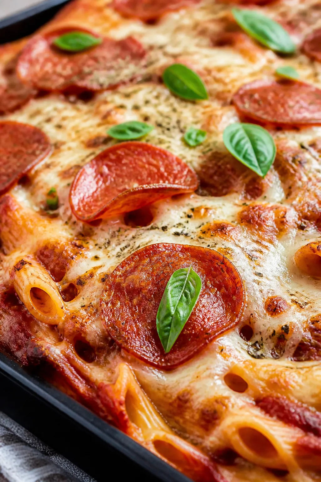 Close-up detail shot: A bubbling High Protein Pizza Casserole just out of the oven, showing browned,