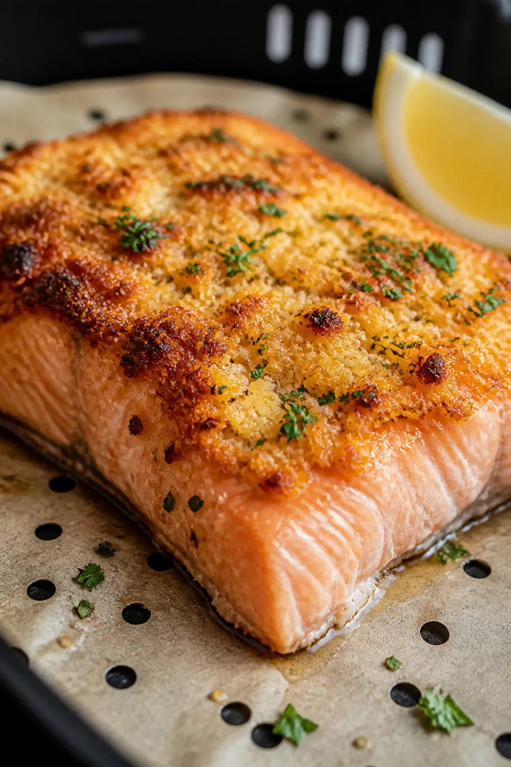 Close-up detail shot: Golden, air-fried garlic-parmesan crust on a salmon fillet just out of the air