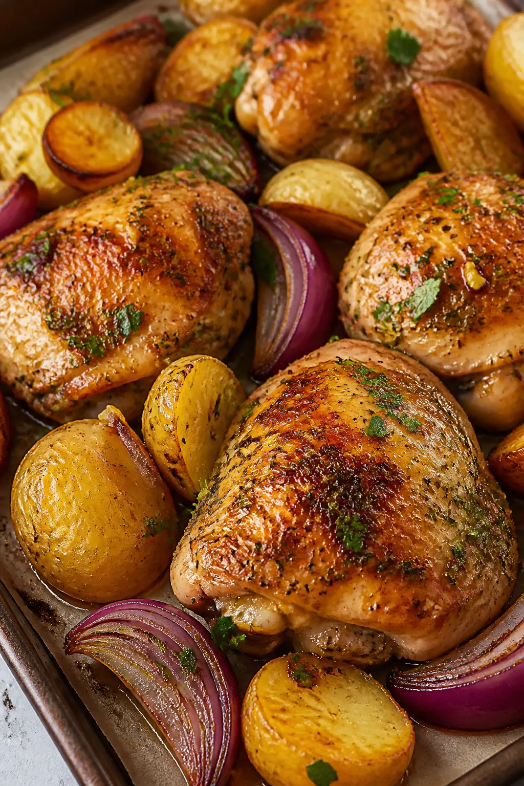 Close-up detail shot: Golden roasted chicken thighs nestled among caramelized baby gold potatoes and