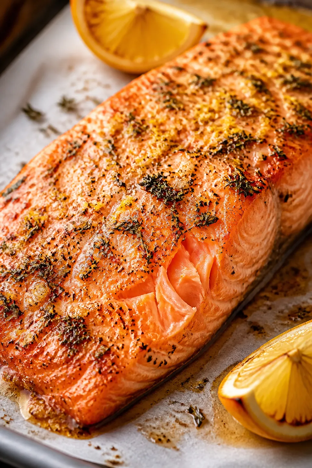 Close-up detail shot: Just-roasted salmon fillet on a parchment-lined sheet pan at 400°F, surface g