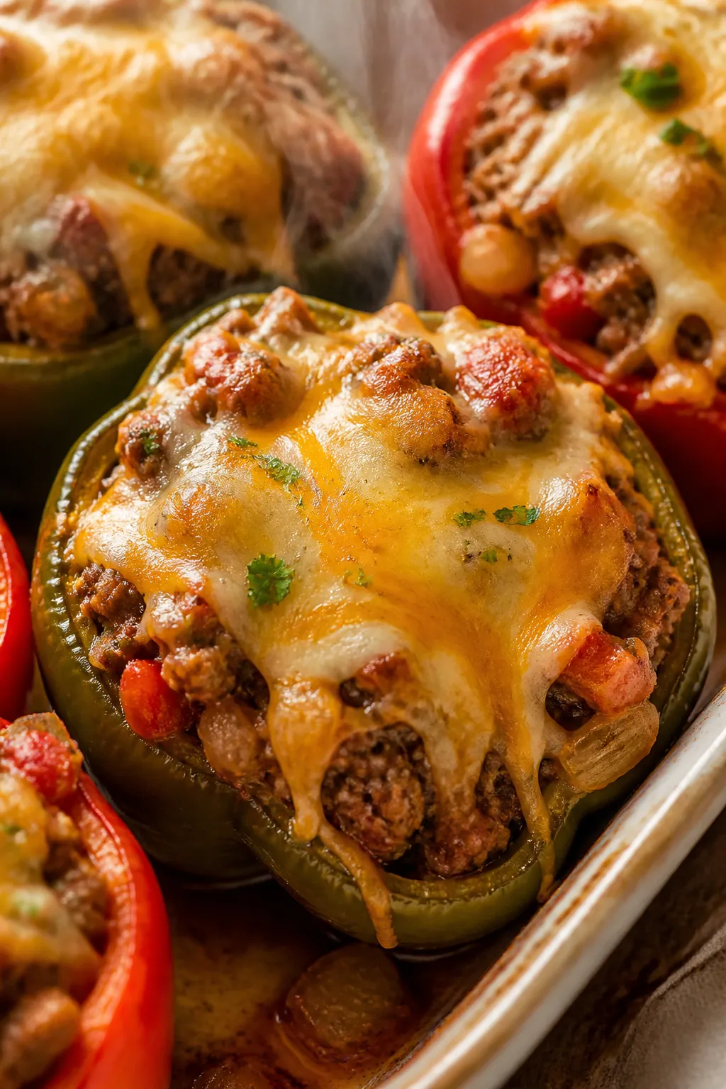 Close-up detail shot: Melty, cheese-topped taco stuffed pepper just out of the oven, showing bubbly