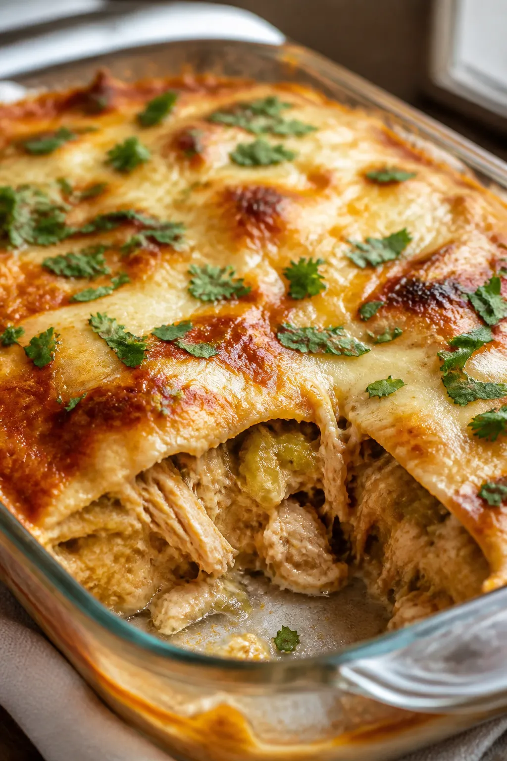 Close-up detail shot of a just-baked low carb chicken enchilada bake in a 9x13 dish, cheese bubbling