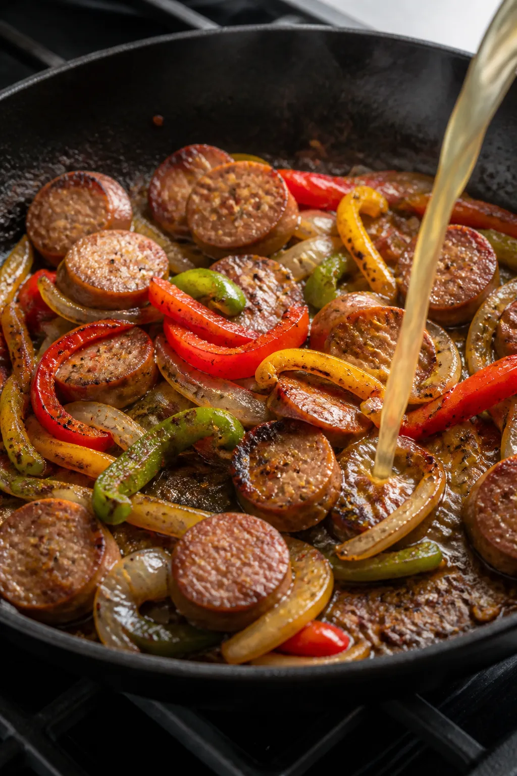 Close-up detail shot of caramelized bell peppers and onions with browned lean Italian chicken sausag