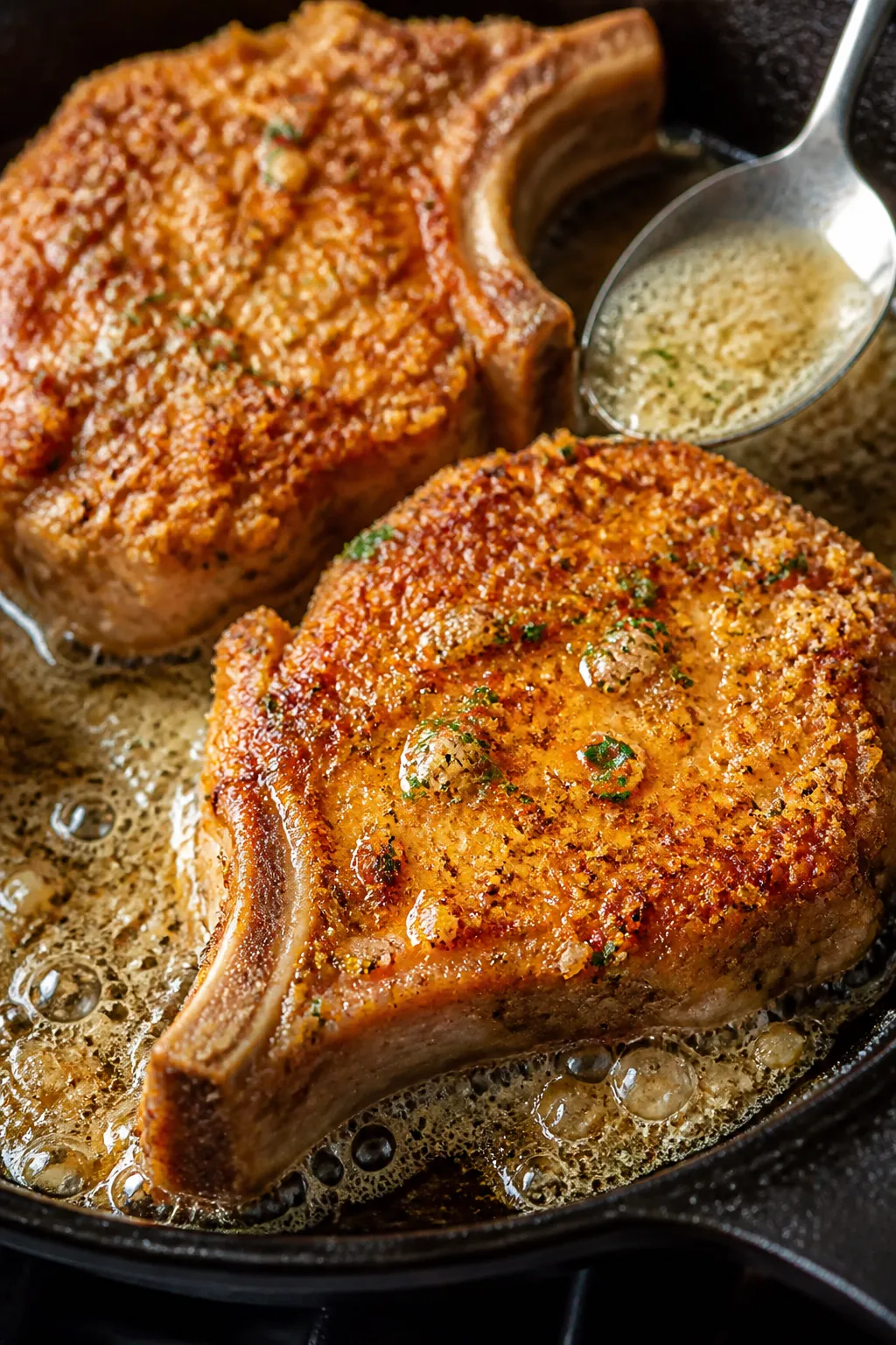 Close-up detail shot: Sizzling garlic-parmesan crust on bone-in pork chops during the stovetop sear,