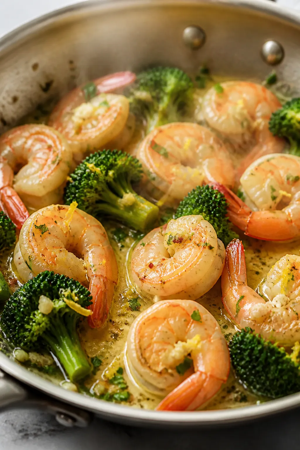 Close-up detail: Sizzling garlic butter shrimp in a stainless steel skillet, shrimp just opaque with