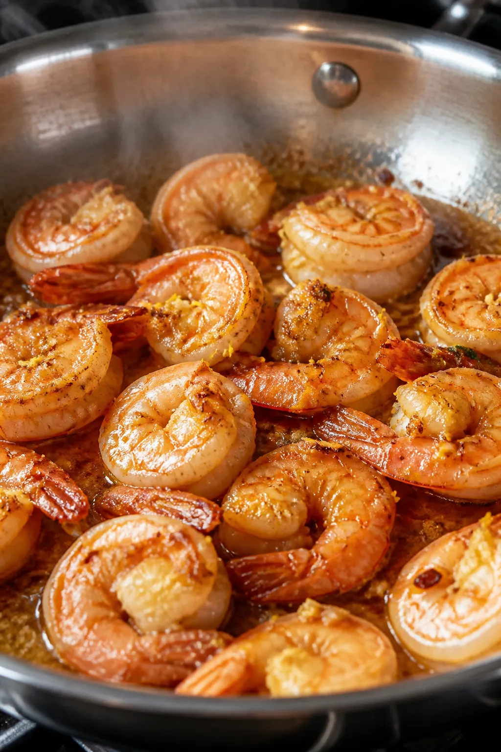 Close-up detail: Sizzling garlic butter shrimp just after searing in a stainless-steel skillet, shri