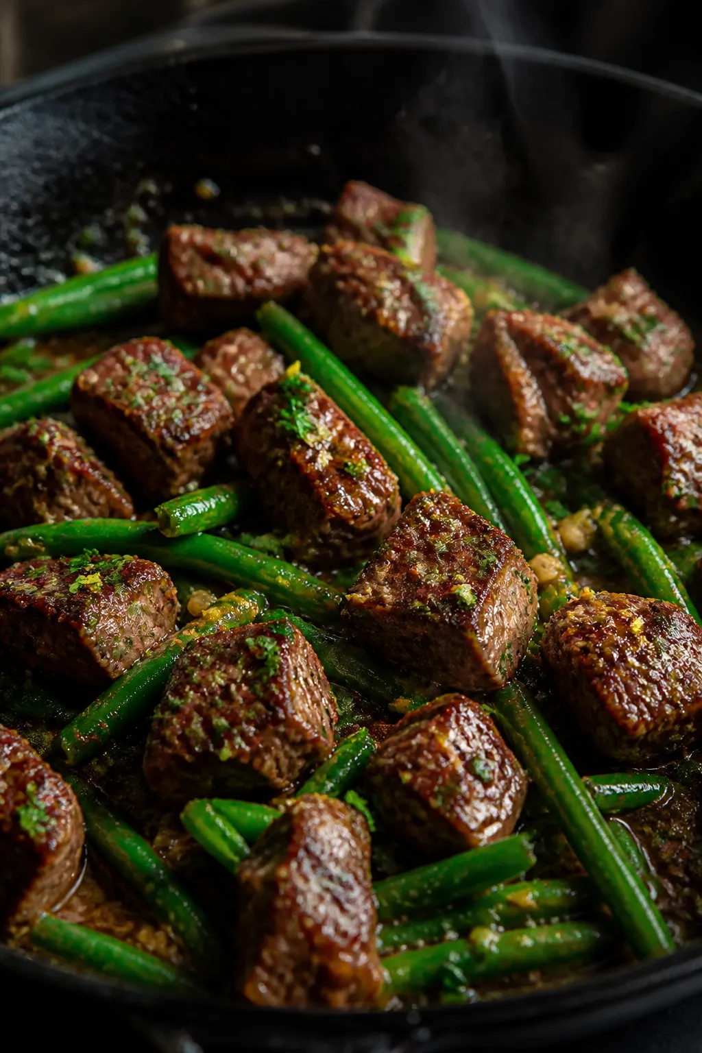 Close-up detail: Sizzling garlic butter steak bites in a cast-iron skillet, mid-toss with tender-cri