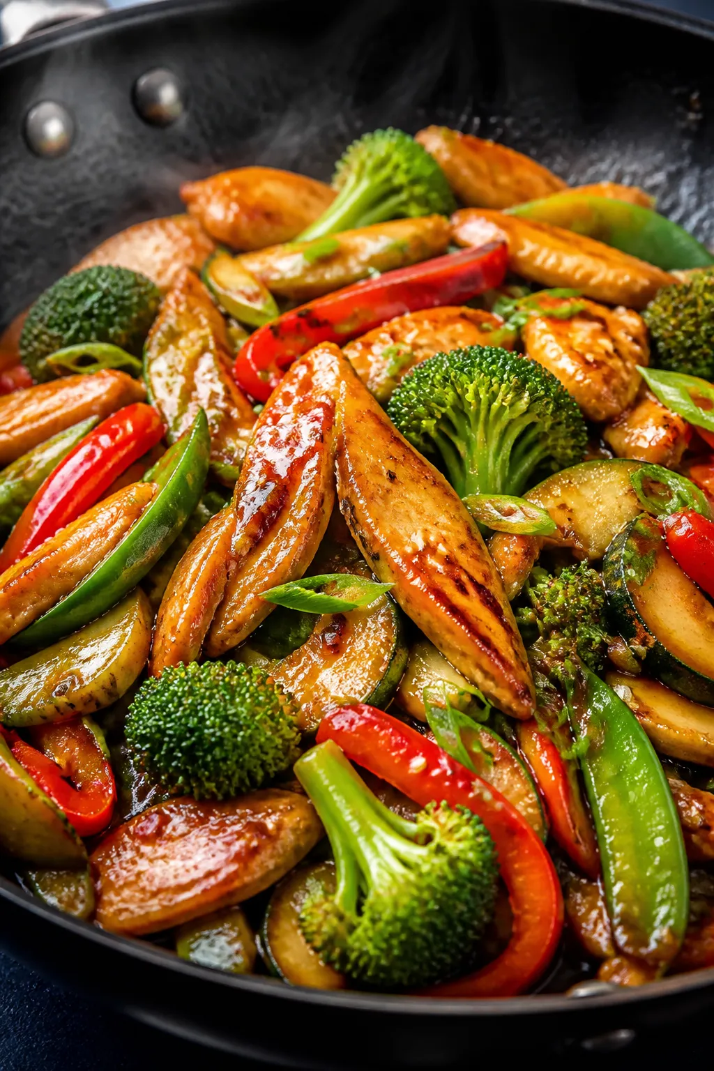 Close-up detail: Sizzling low-carb chicken stir fry in a wok, showing golden-seared thin chicken str