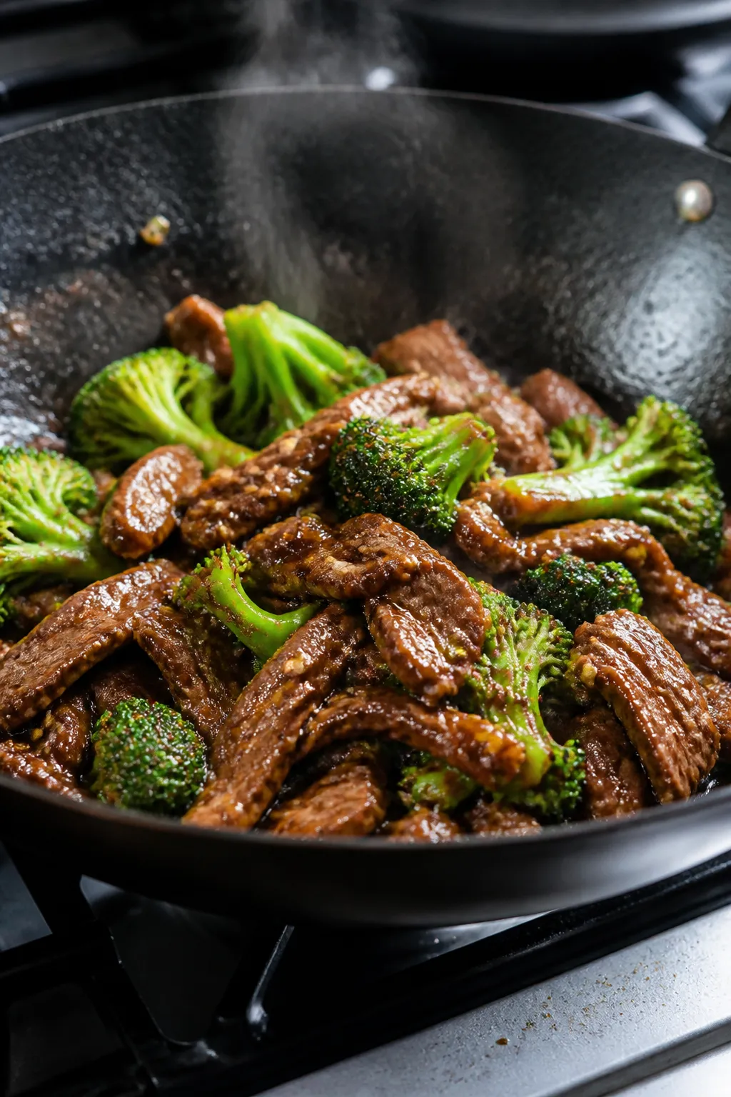 Close-up detail: Sizzling strips of seared flank steak tossed with glossy, garlicky low-carb sauce i