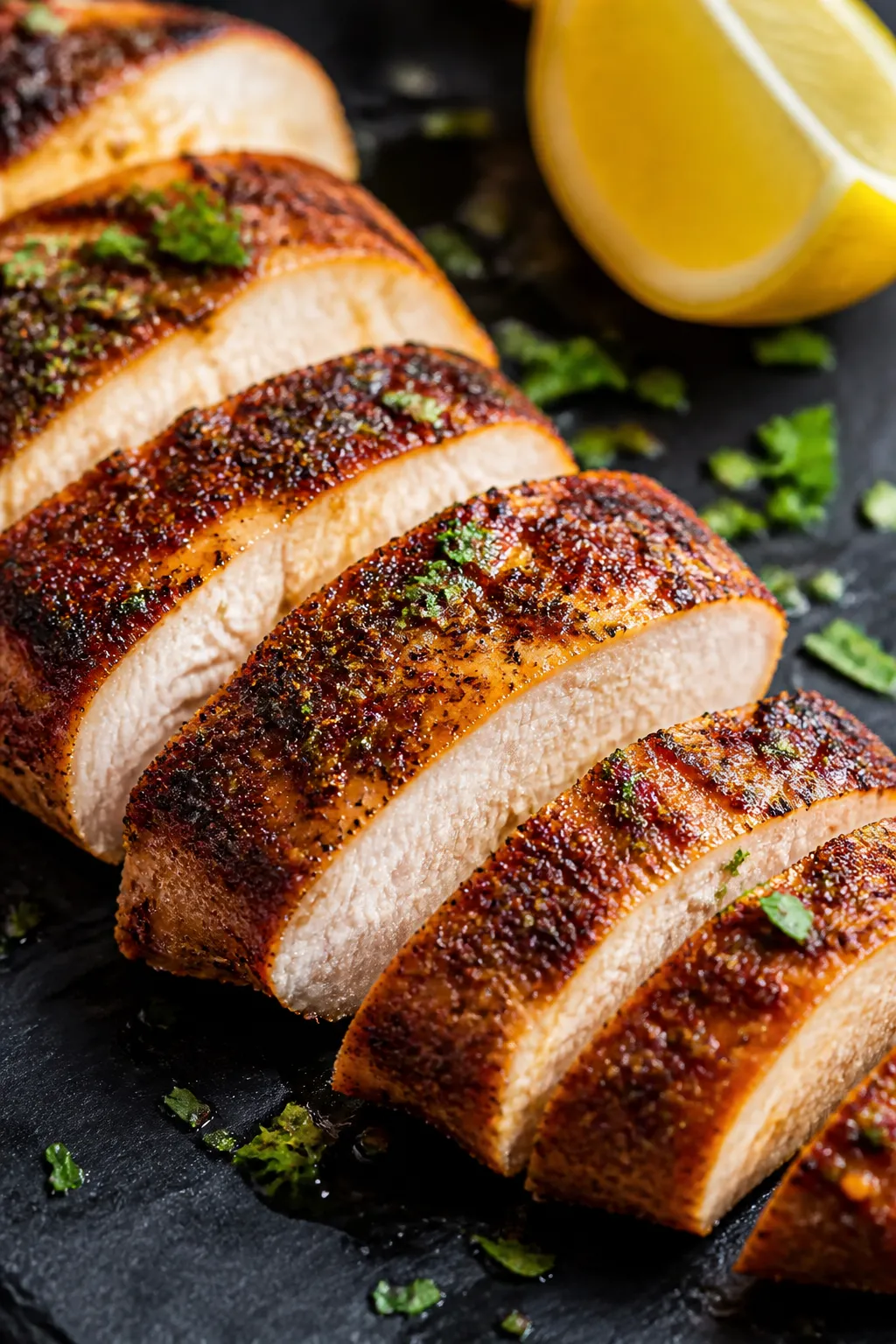 Close-up detail: Sliced Cajun-seasoned chicken breast just after resting, with deep caramelized edge