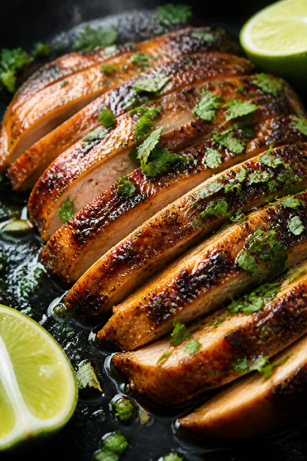 Close-up detail: Sliced chili-lime chicken just off the grill pan, glistening and juicy with visible