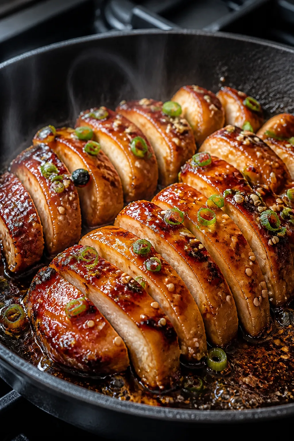 Close-up detail: Sliced hot honey–glazed chicken thighs sizzling in a skillet, glossy amber glaze 
