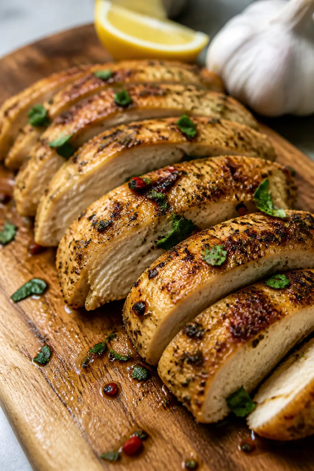 Close-up detail: Sliced lemon-garlic chicken cutlets just after resting, glistening with a light oli