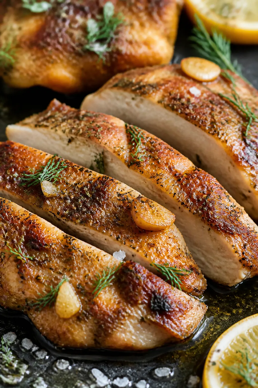 Close-up detail: Sliced lemon-garlic chicken thighs just off the skillet, golden-brown sear with lig