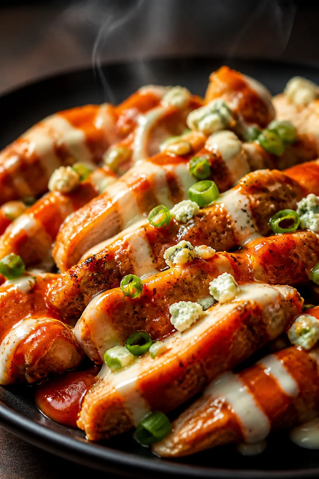 Close-up detail: Sliced roasted chicken tossed in glossy Buffalo sauce, steam rising, vivid orange-r