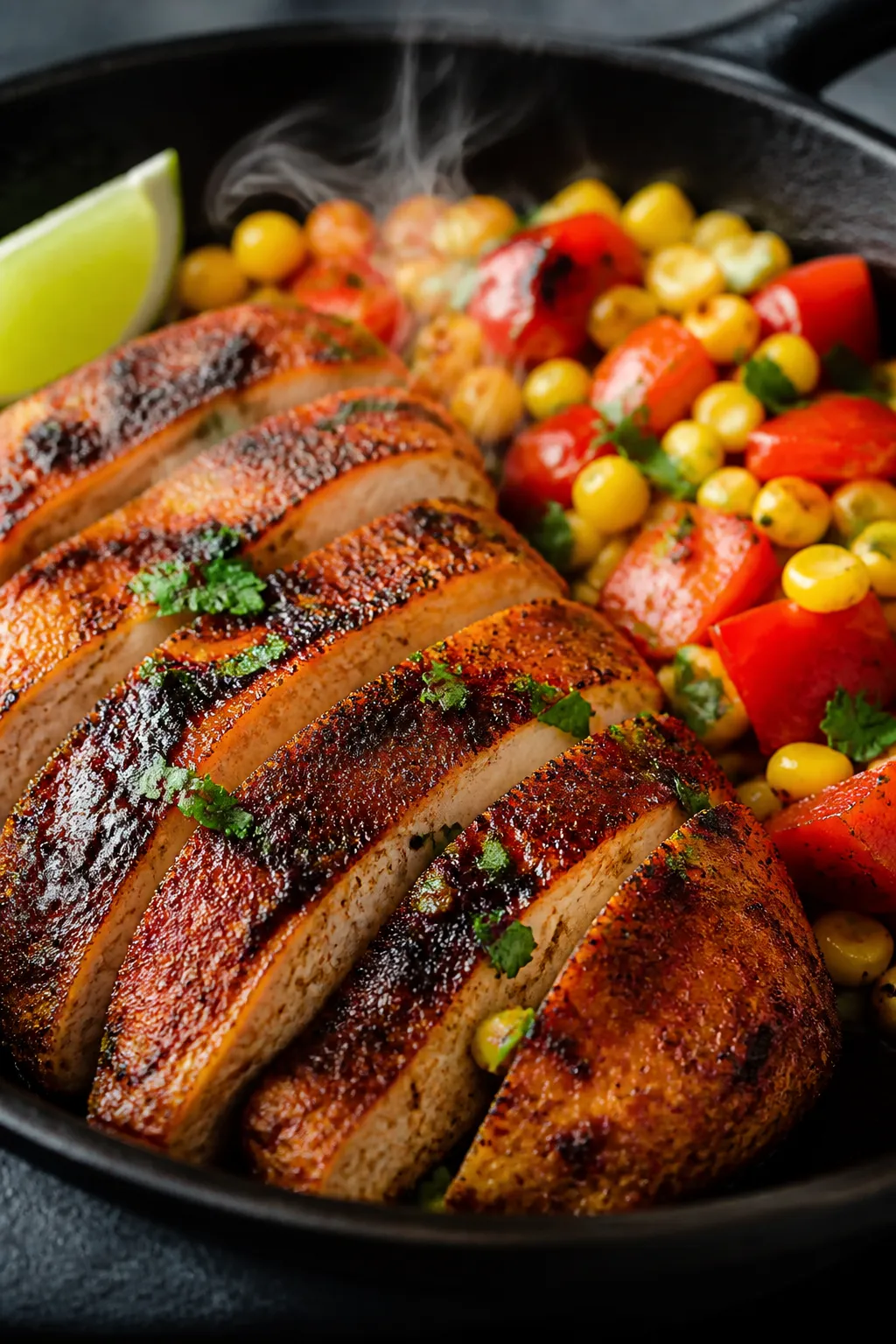 Close-up detail: Sliced spice-rubbed chicken just after resting, glistening and juicy with charred e