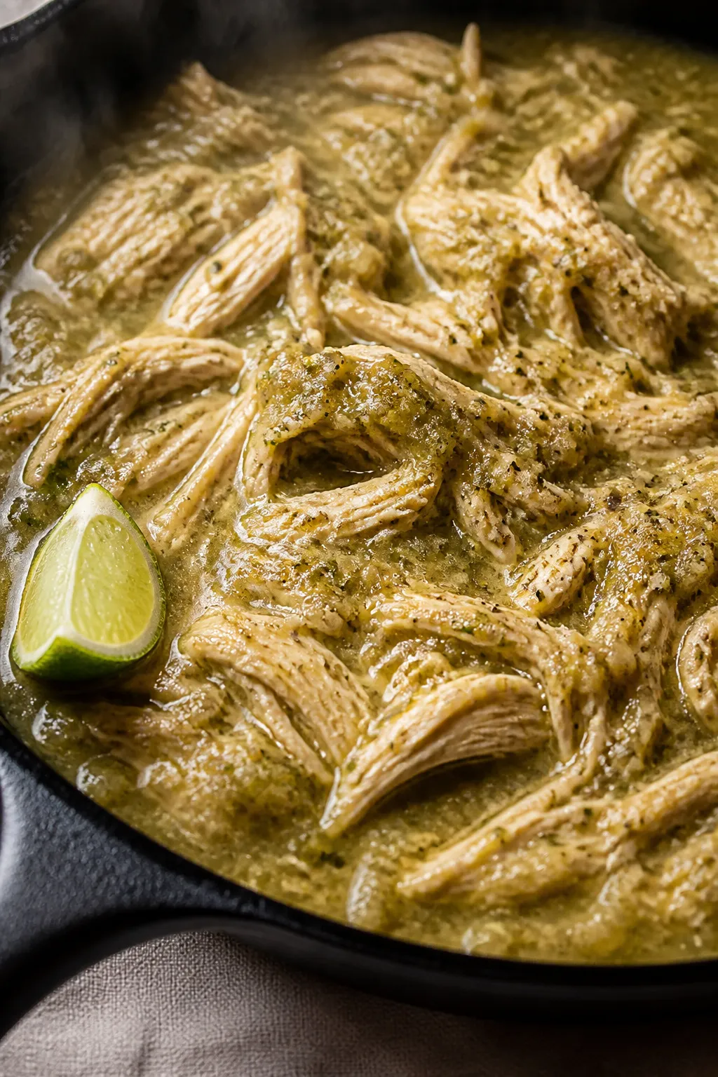 Close-up detail: Tender salsa verde chicken just after shredding, glistening in a skillet of bubblin