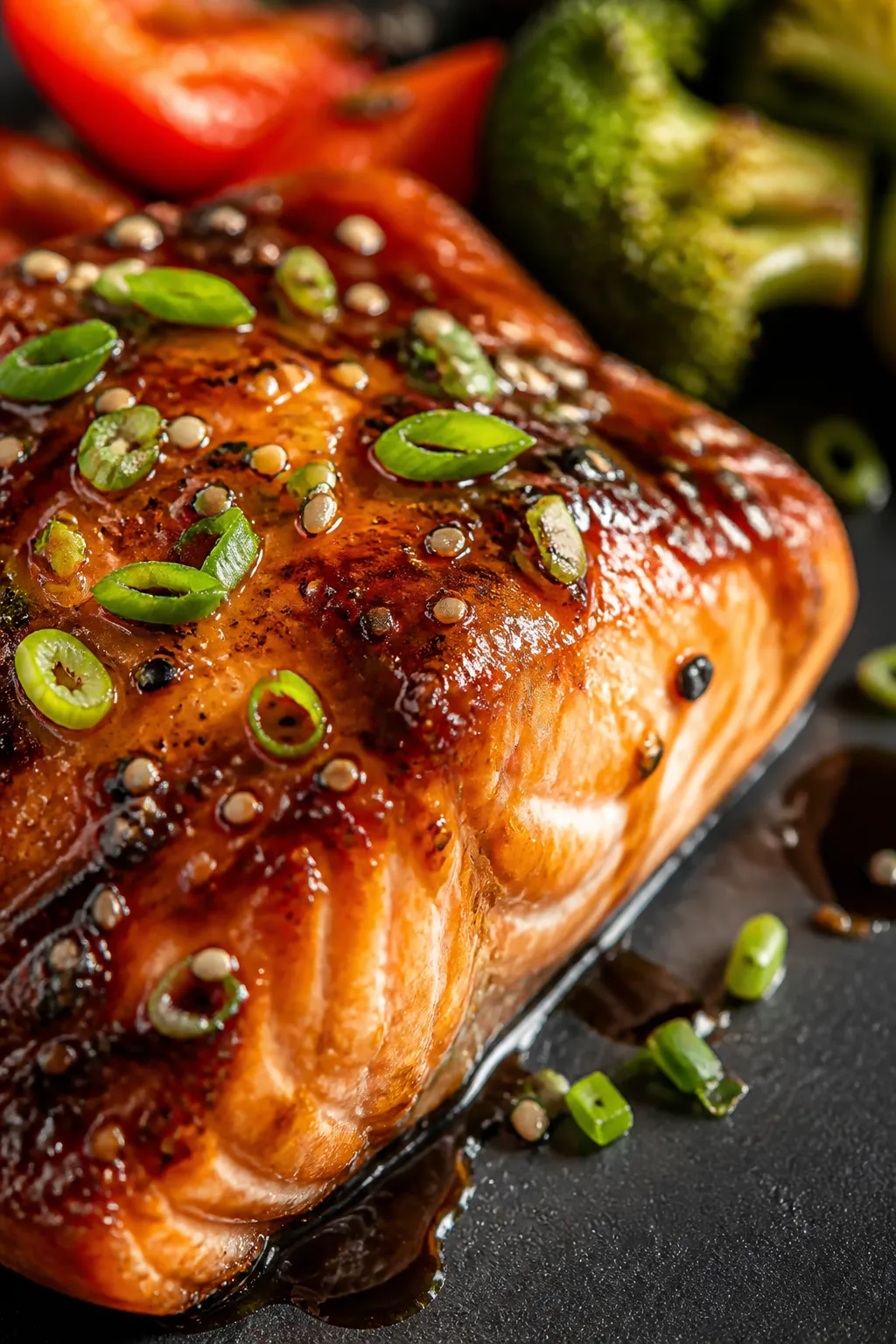 Close-up detail — Teriyaki-glazed salmon fillet just out of the oven: tight macro of caramelized g