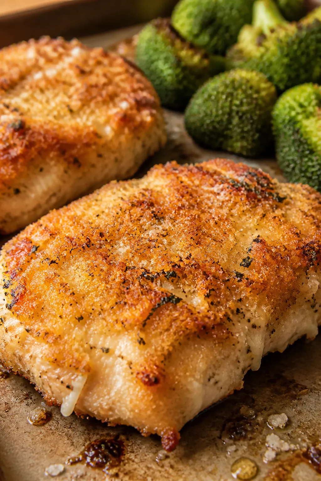 Close-up detail: Ultra-close shot of golden Parmesan–panko crusted chicken just out of the oven, c