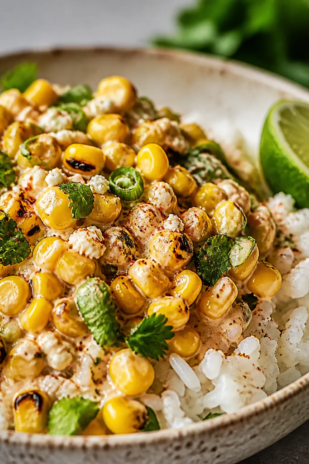 Close-up detail: Ultra-close shot of the street corn mixture spooned over rice—charred corn kernel