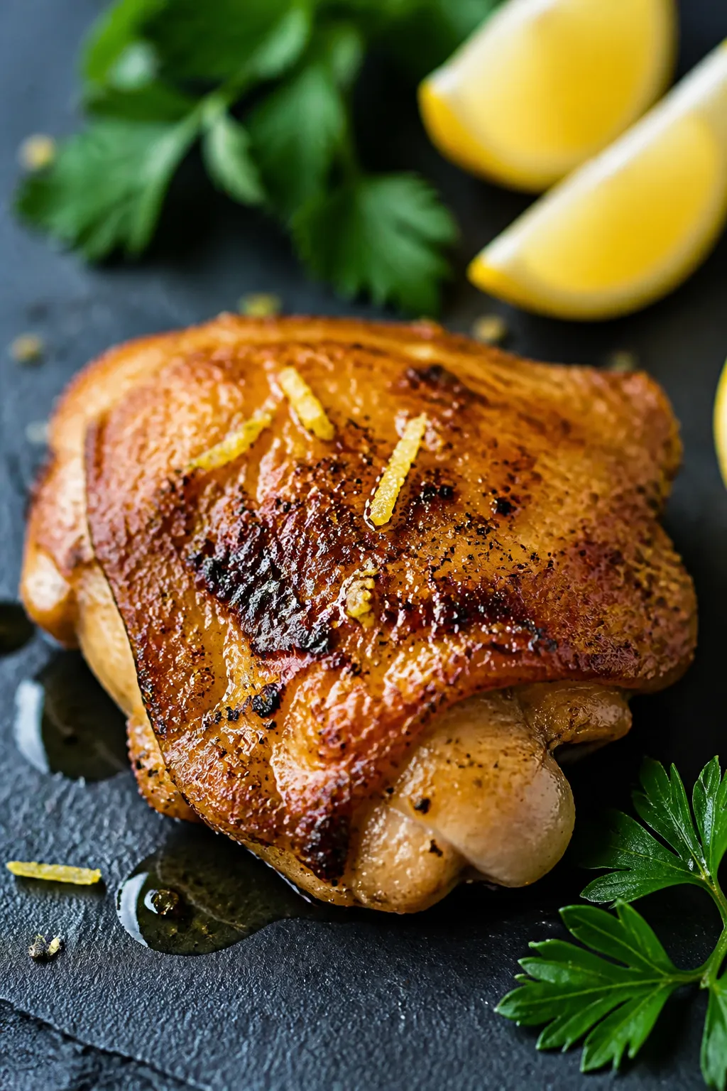 Close-up detail: Ultra-crisp air-fried chicken thigh, skin-side up, showing golden blistered skin wi