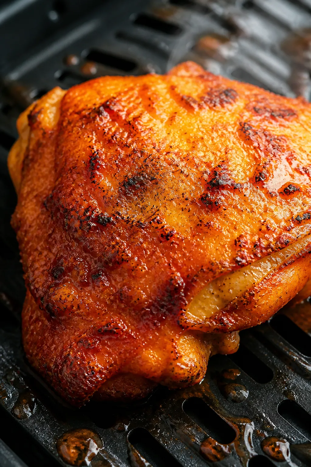 Close-up detail: Ultra-crispy air-fried buffalo chicken thigh fresh from the basket, skin-side up wi