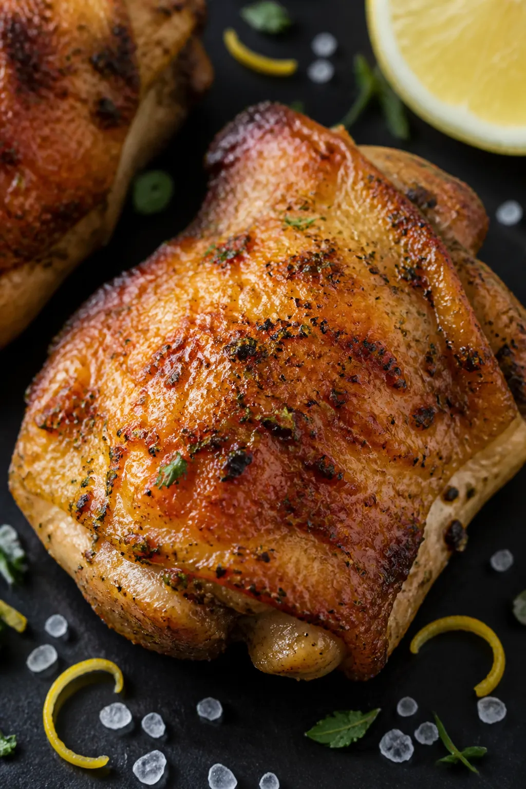 Close-up detail: Ultra-crispy air-fried chicken thigh skin with visible garlic-herb rub under and ov