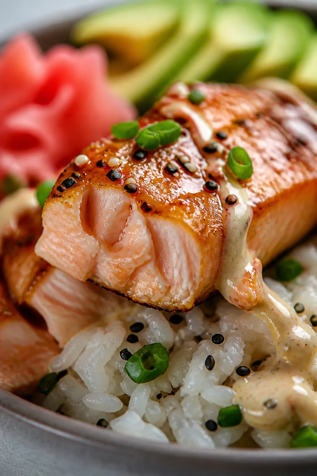 Close-up final dish detail: Macro shot of a forkful-sized chunk of just-cooked salmon atop rice, sho