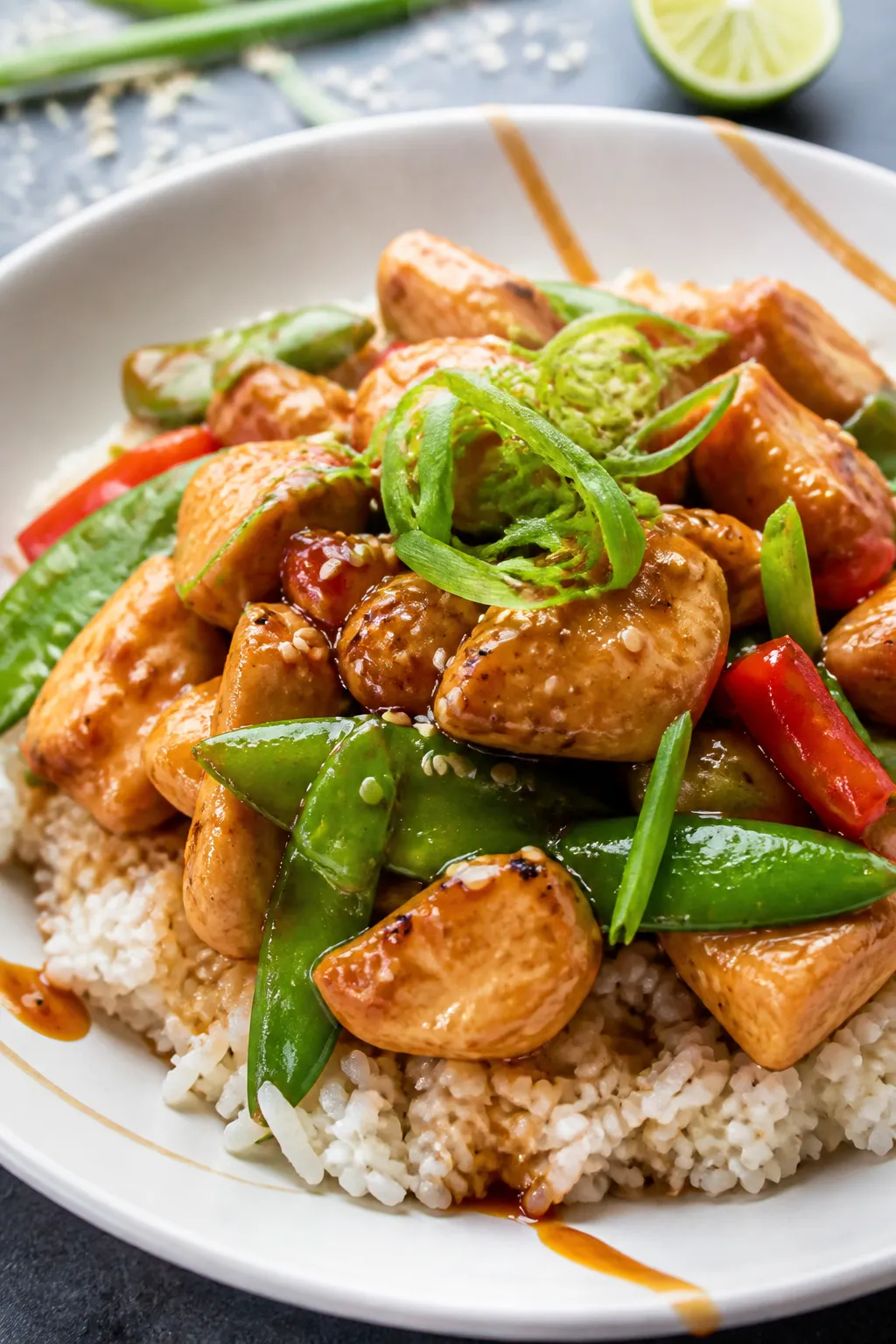 Close-up final dish — Restaurant-style plate of Healthy Chicken Stir Fry served over fluffy jasmin