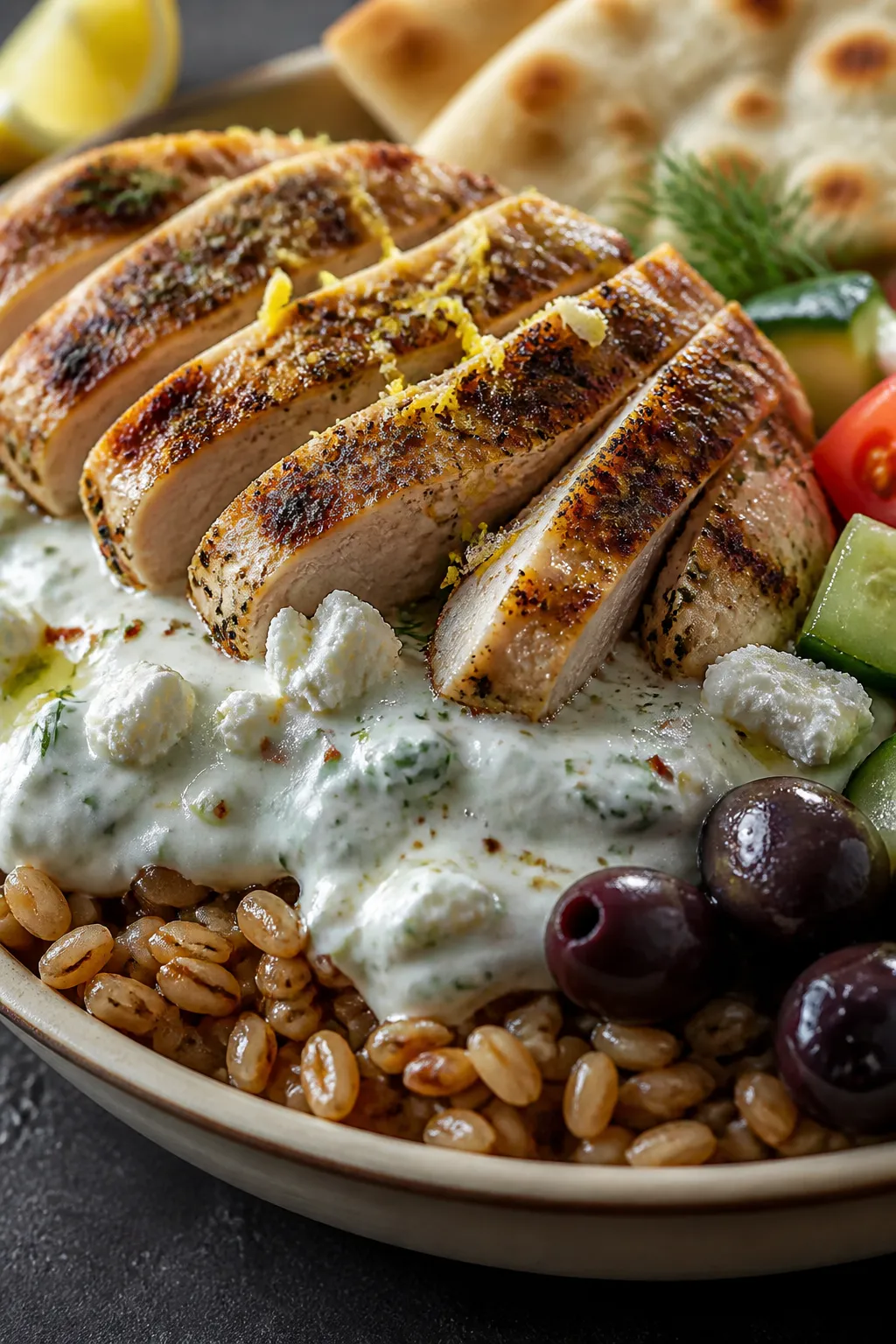 Close-up final presentation — Tight macro of sliced chicken atop farro with creamy tzatziki cascad
